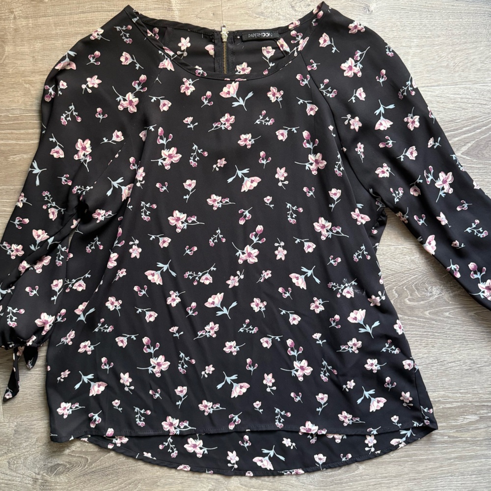 Papermoon Black Blouse with Pink Floral Design